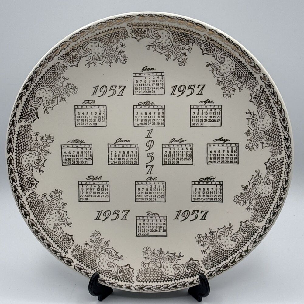 1957 Gatelys Gold & Cream COLLECTOR CALENDAR PLATE Vintage 10.25”